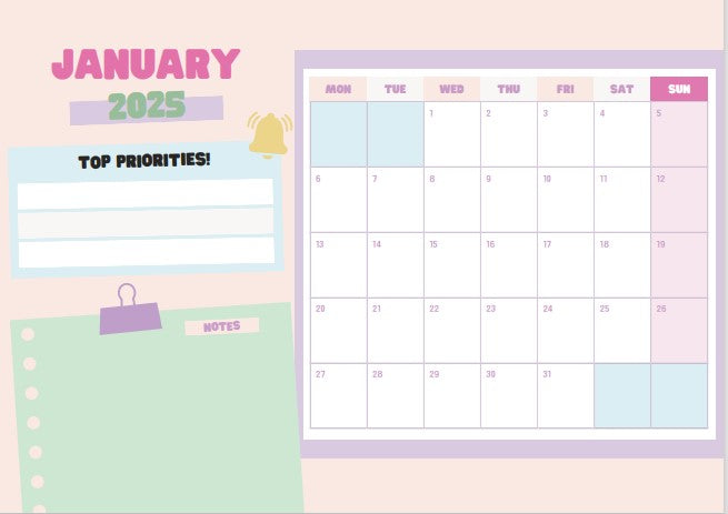 Pastels A5 Wire Bound Desk Calendar, 2025 Desk Calendar,  Desk Calendars Made to Order, Pastel Colours, Bespoke Designs, 2025 Calendar