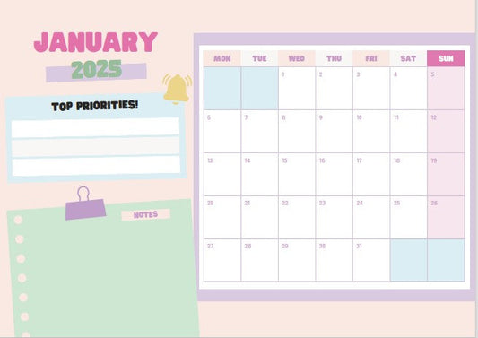 Pastels A5 Wire Bound Desk Calendar, 2025 Desk Calendar,  Desk Calendars Made to Order, Pastel Colours, Bespoke Designs, 2025 Calendar